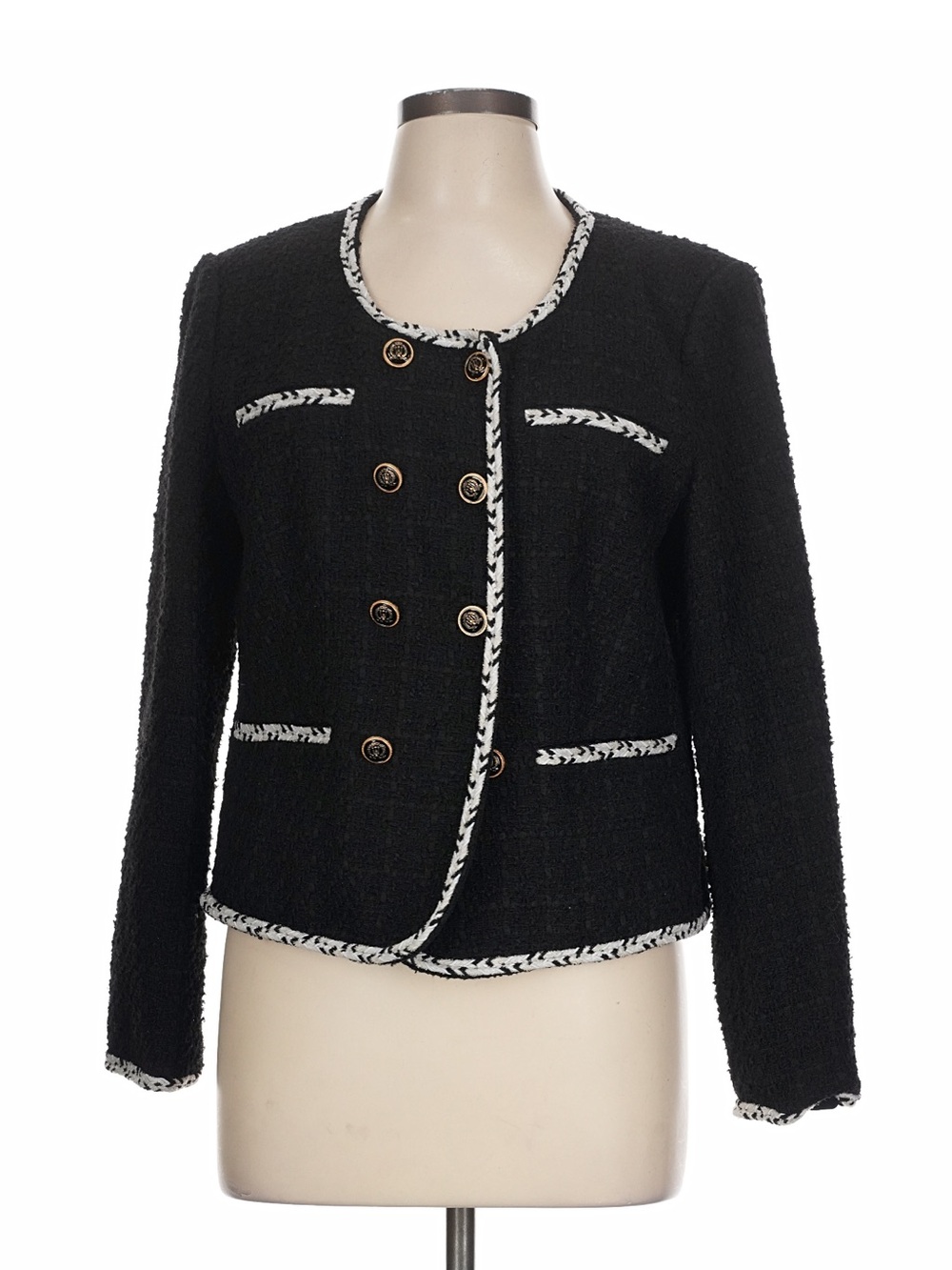 ANN TAYLOR Classic Black Bouclé Jacket size 12 Contrast Trim